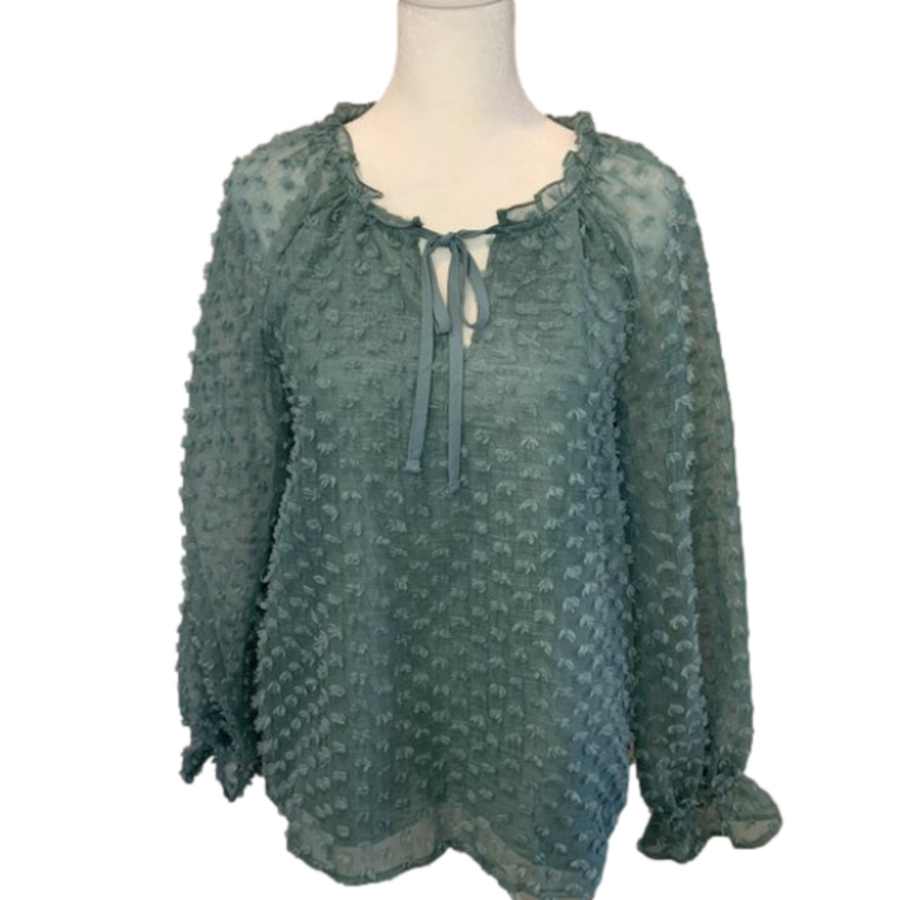 Cupio Lined Dark Teal Blouse w/sheer sleeves, scoop neck, gathered wrist, Small
